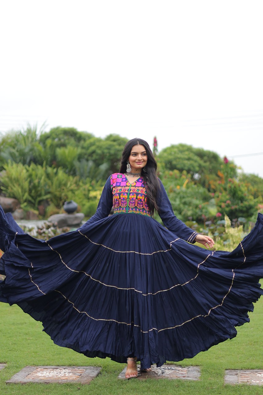Wine Traditional Gown with Kutchi Mirror Work