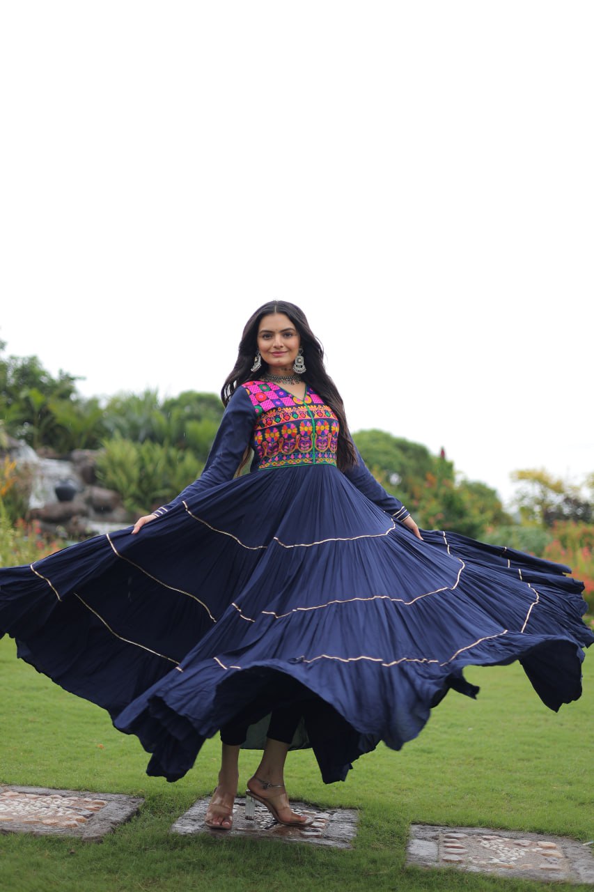 Wine Traditional Gown with Kutchi Mirror Work