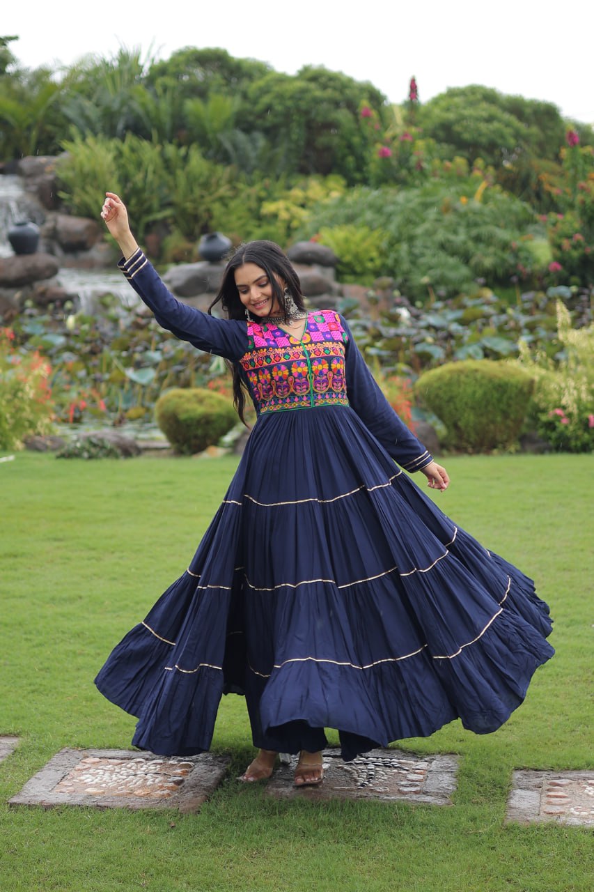 Wine Traditional Gown with Kutchi Mirror Work