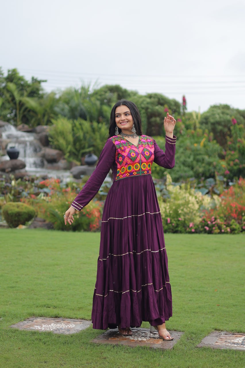 Wine Traditional Gown with Kutchi Mirror Work