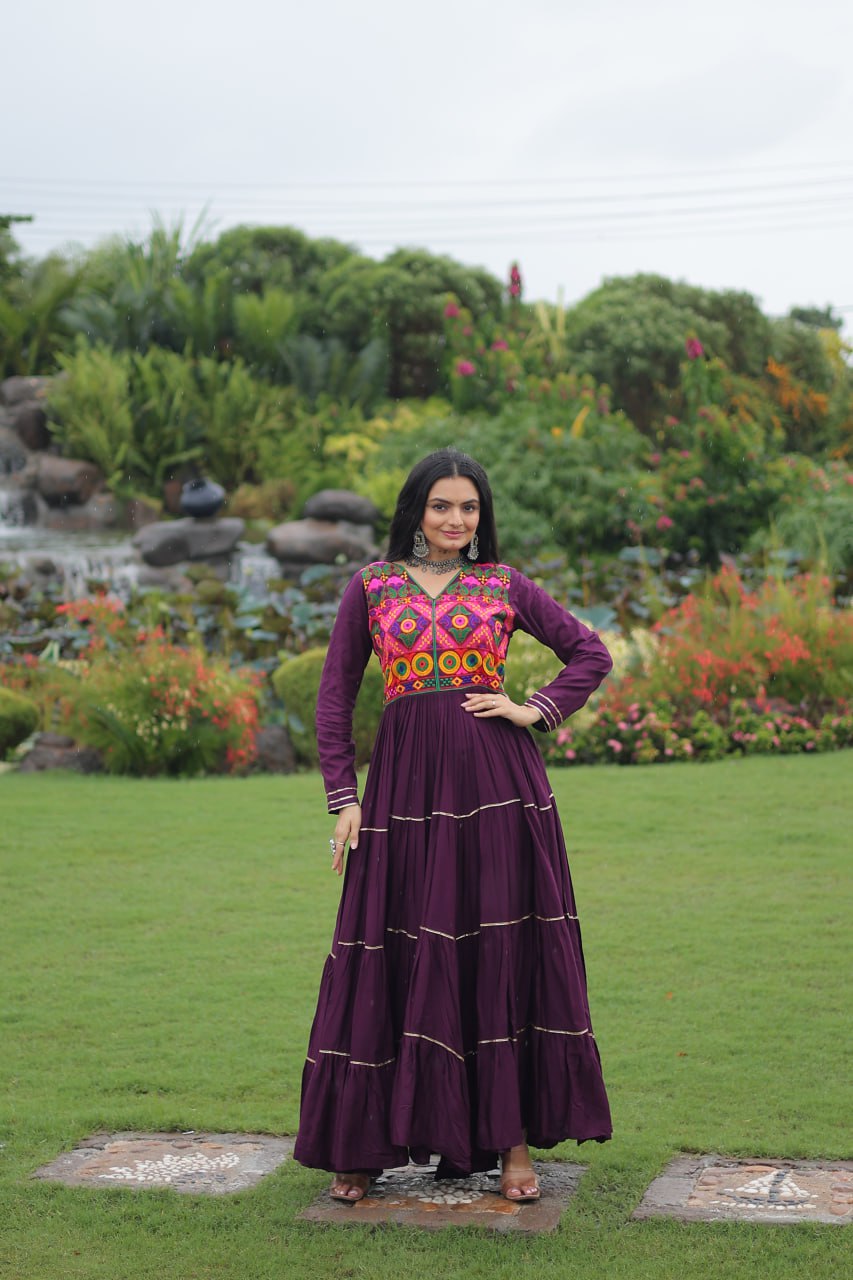 Wine Traditional Gown with Kutchi Mirror Work