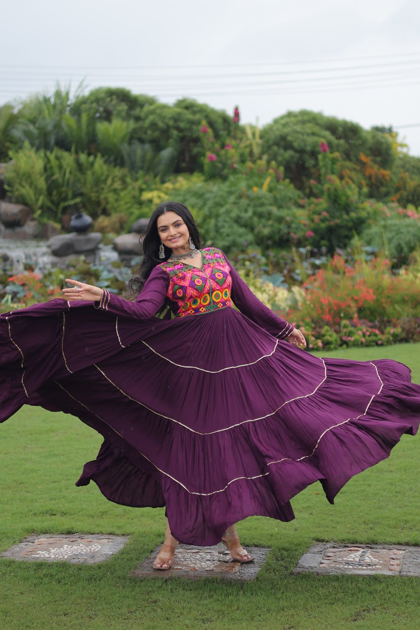 Wine Traditional Gown with Kutchi Mirror Work