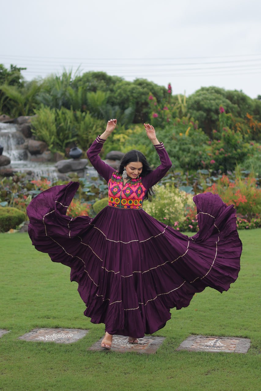 Wine Traditional Gown with Kutchi Mirror Work