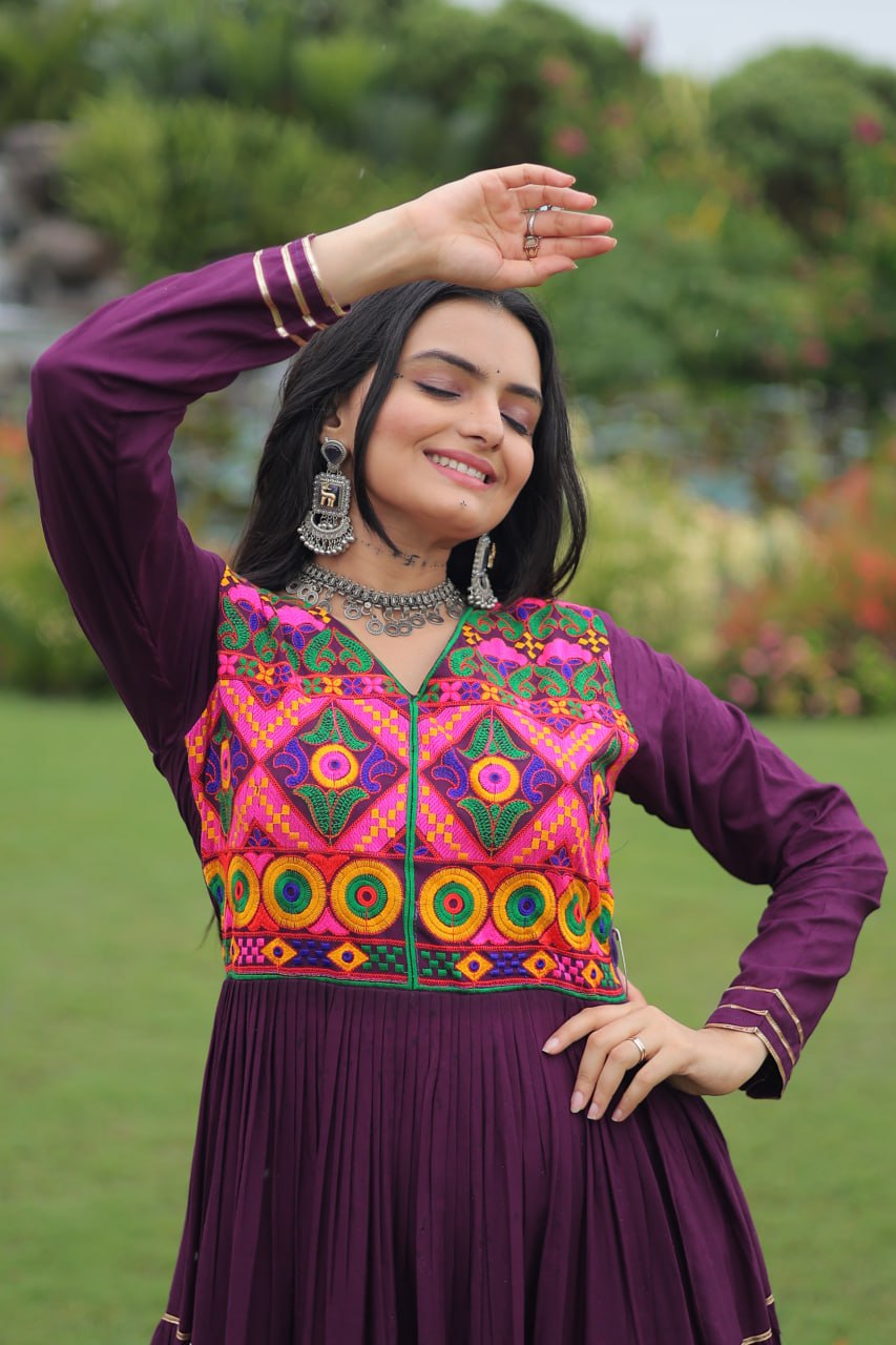 Wine Traditional Gown with Kutchi Mirror Work