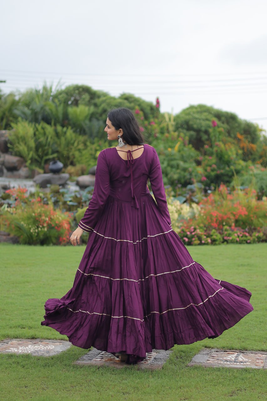 Wine Traditional Gown with Kutchi Mirror Work