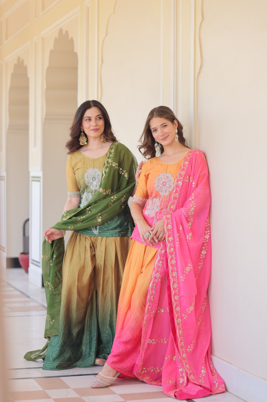 Bright Pink& Orange sharara suit with beads embroidery work