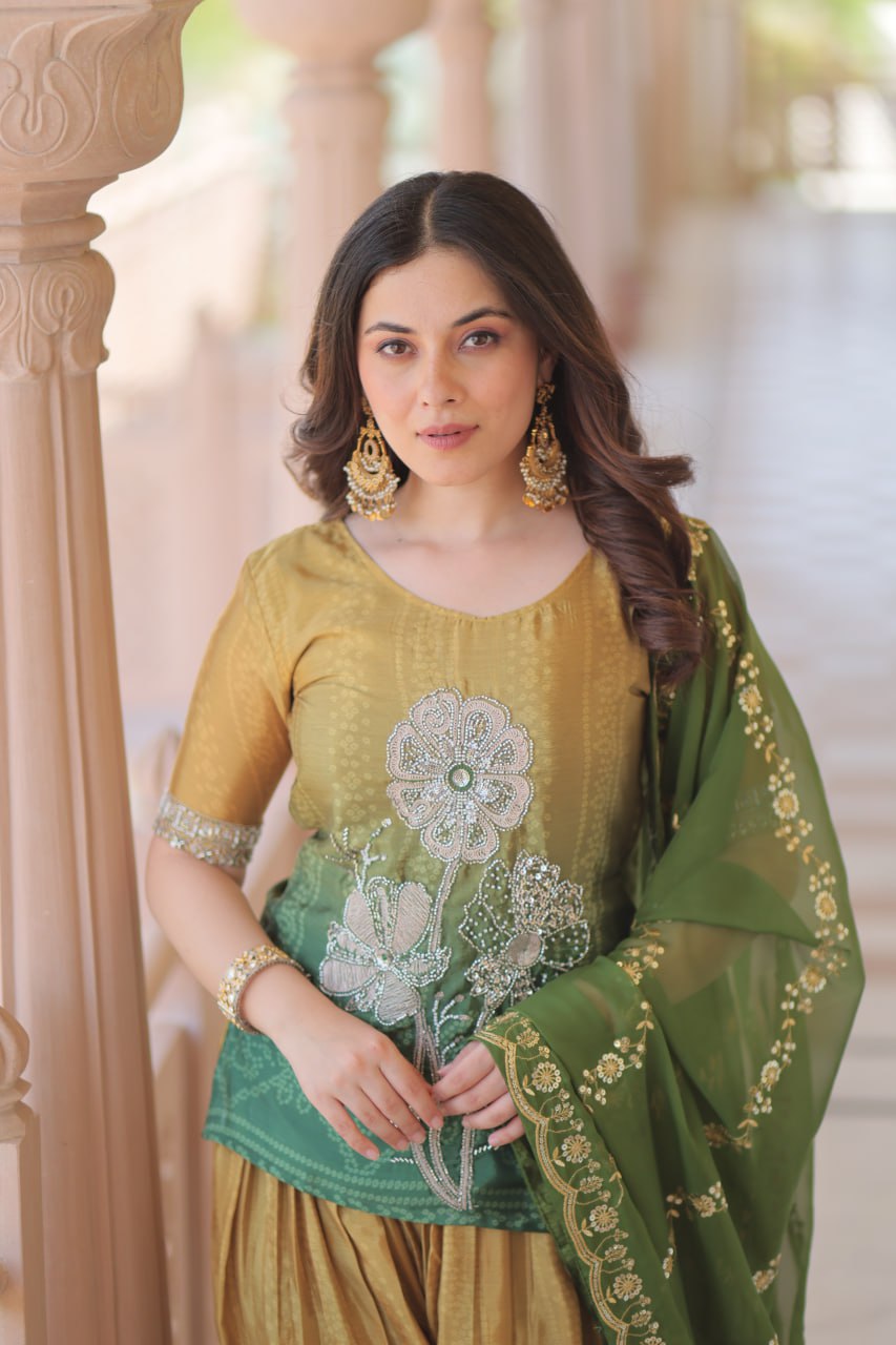 Bright Pink& Orange sharara suit with beads embroidery work