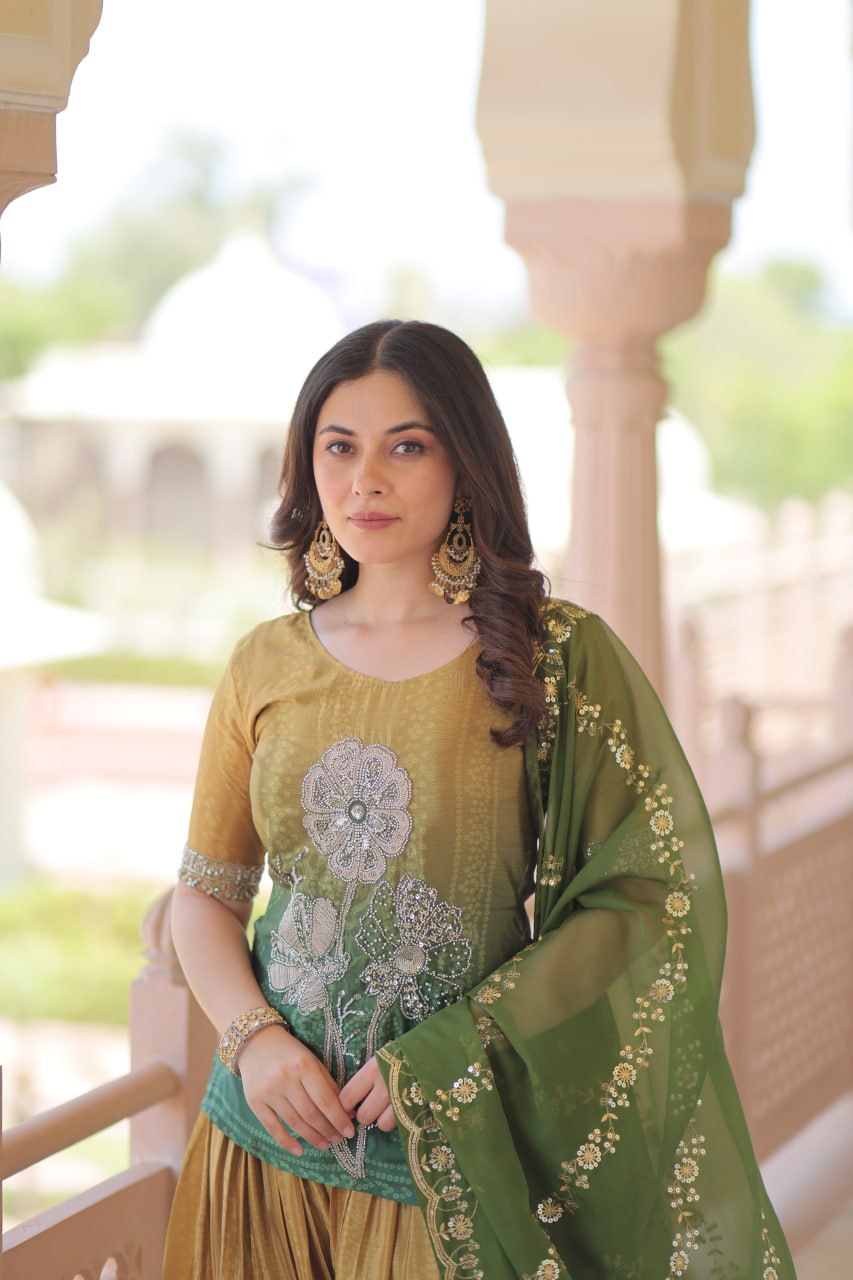 Bright Pink& Orange sharara suit with beads embroidery work