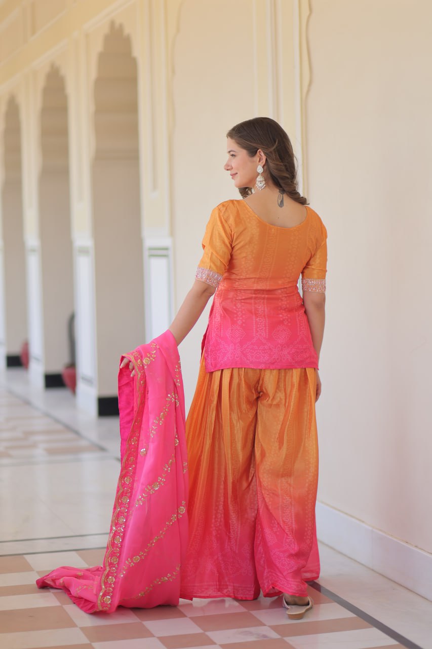 Bright Pink& Orange sharara suit with beads embroidery work