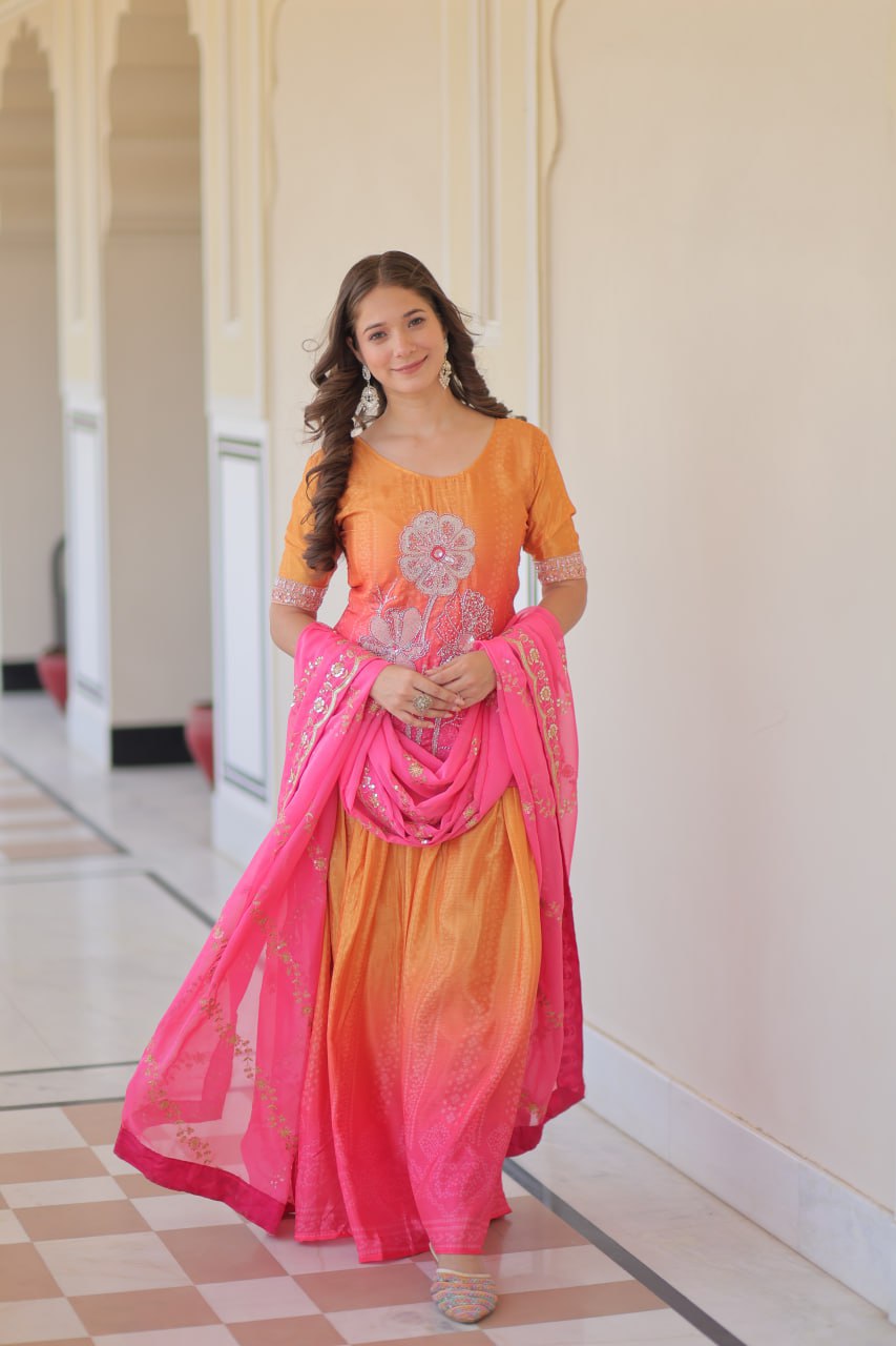 Bright Pink& Orange sharara suit with beads embroidery work