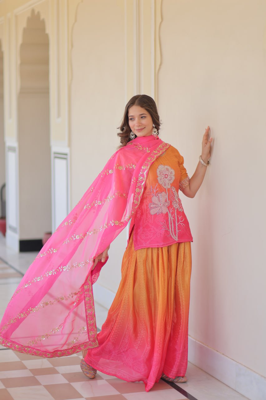 Bright Pink& Orange sharara suit with beads embroidery work