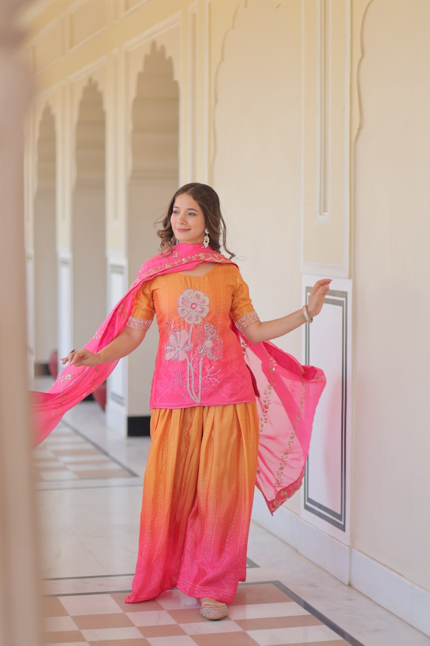 Bright Pink& Orange sharara suit with beads embroidery work