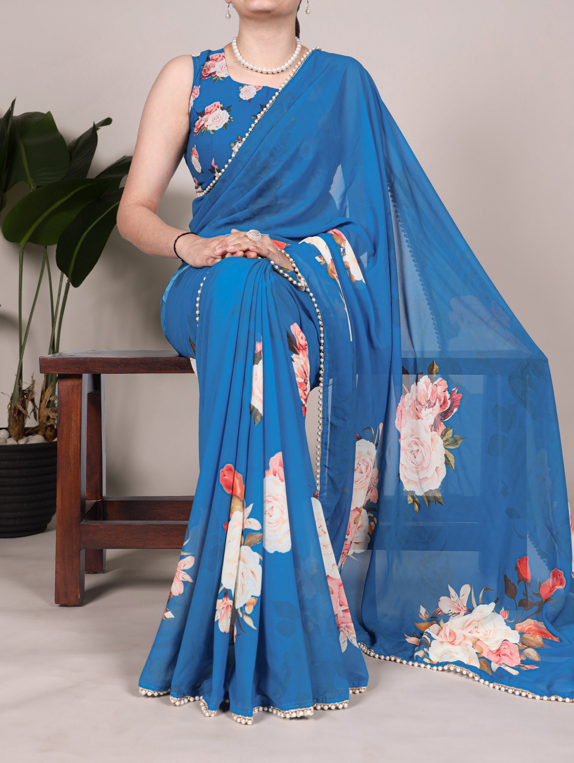 Multicolor Rose Print Georgette Saree with Pearl Lace Border