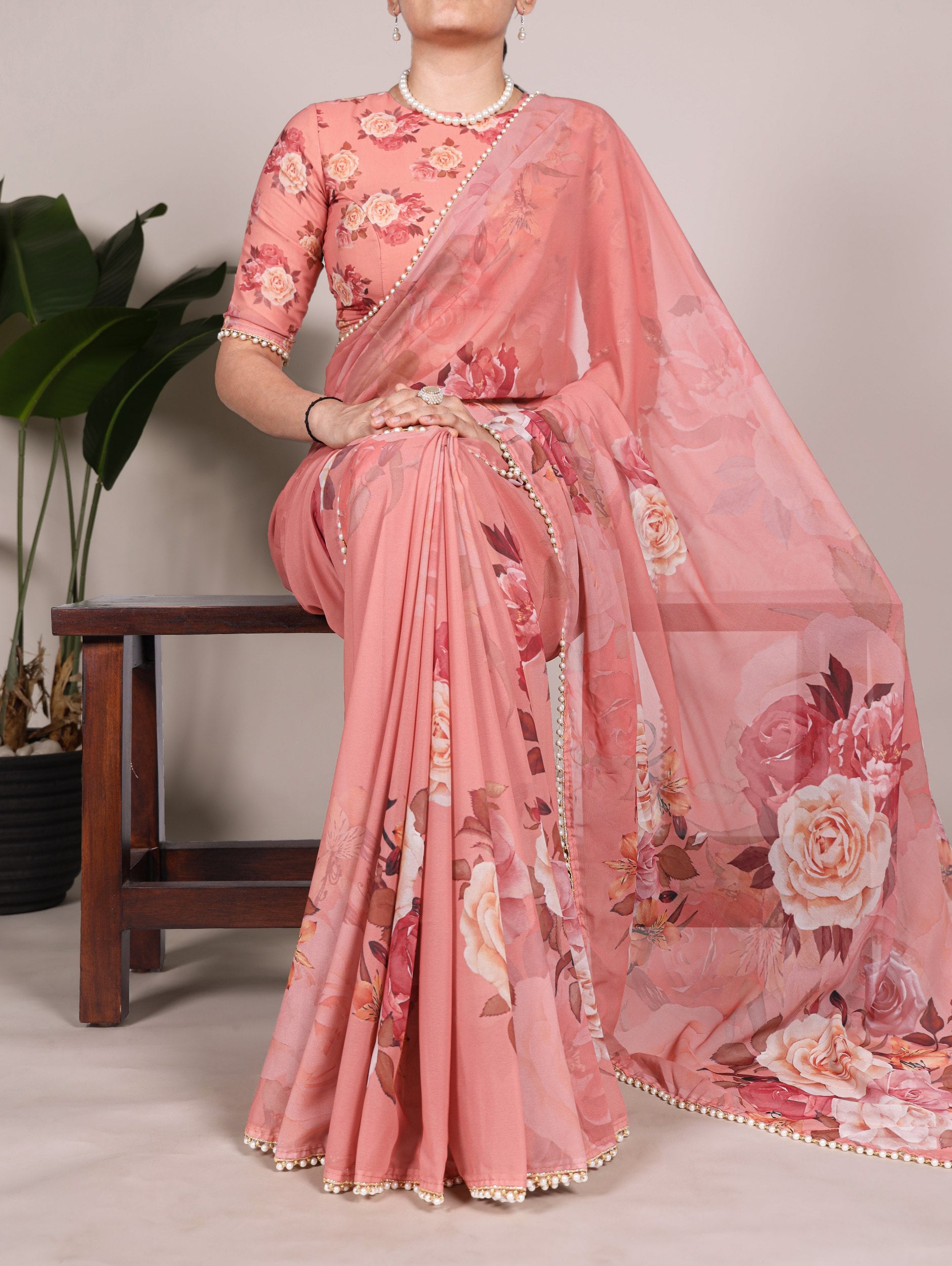 Multicolor Rose Print Georgette Saree with Pearl Lace Border