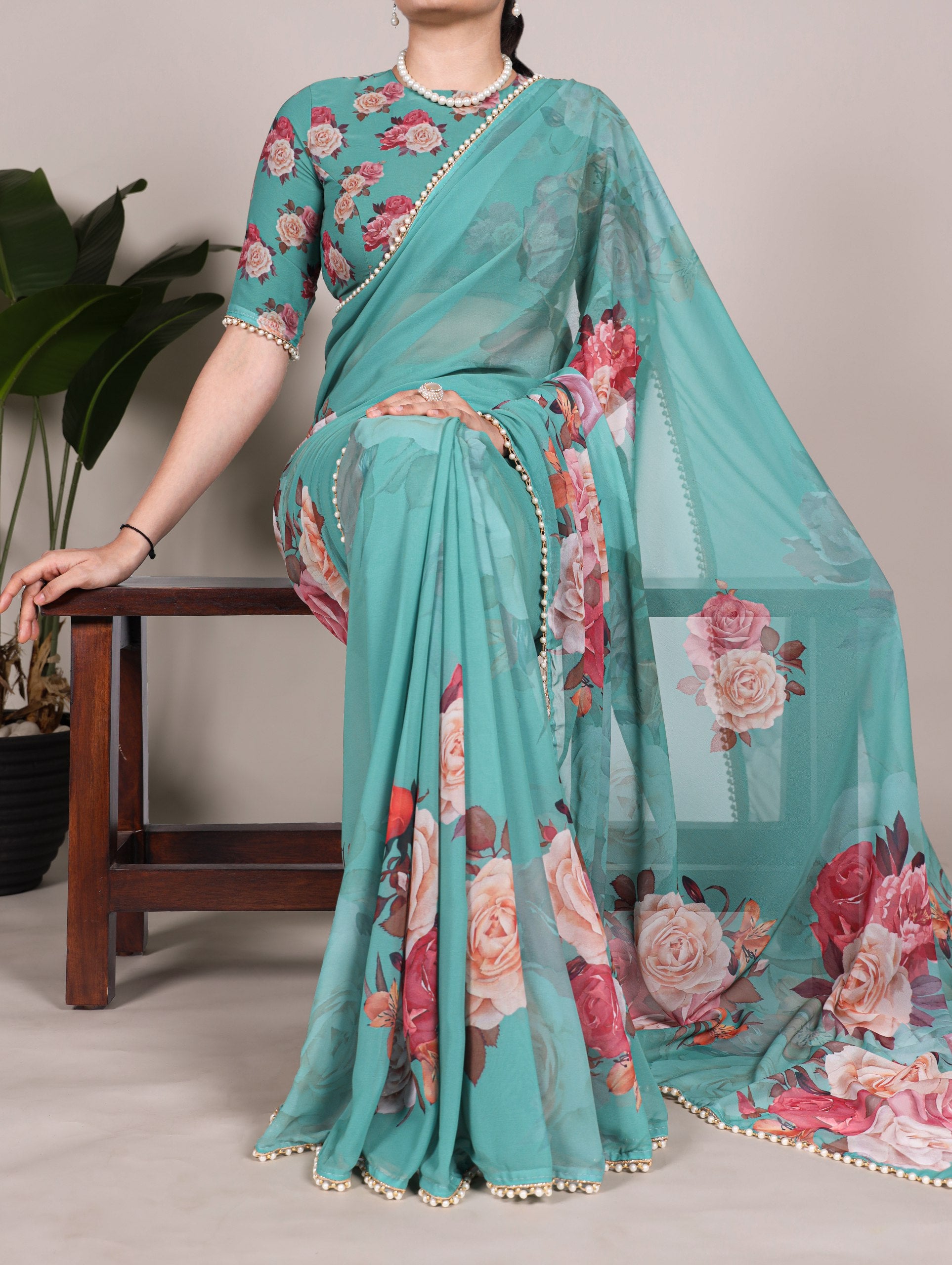 Multicolor Rose Print Georgette Saree with Pearl Lace Border