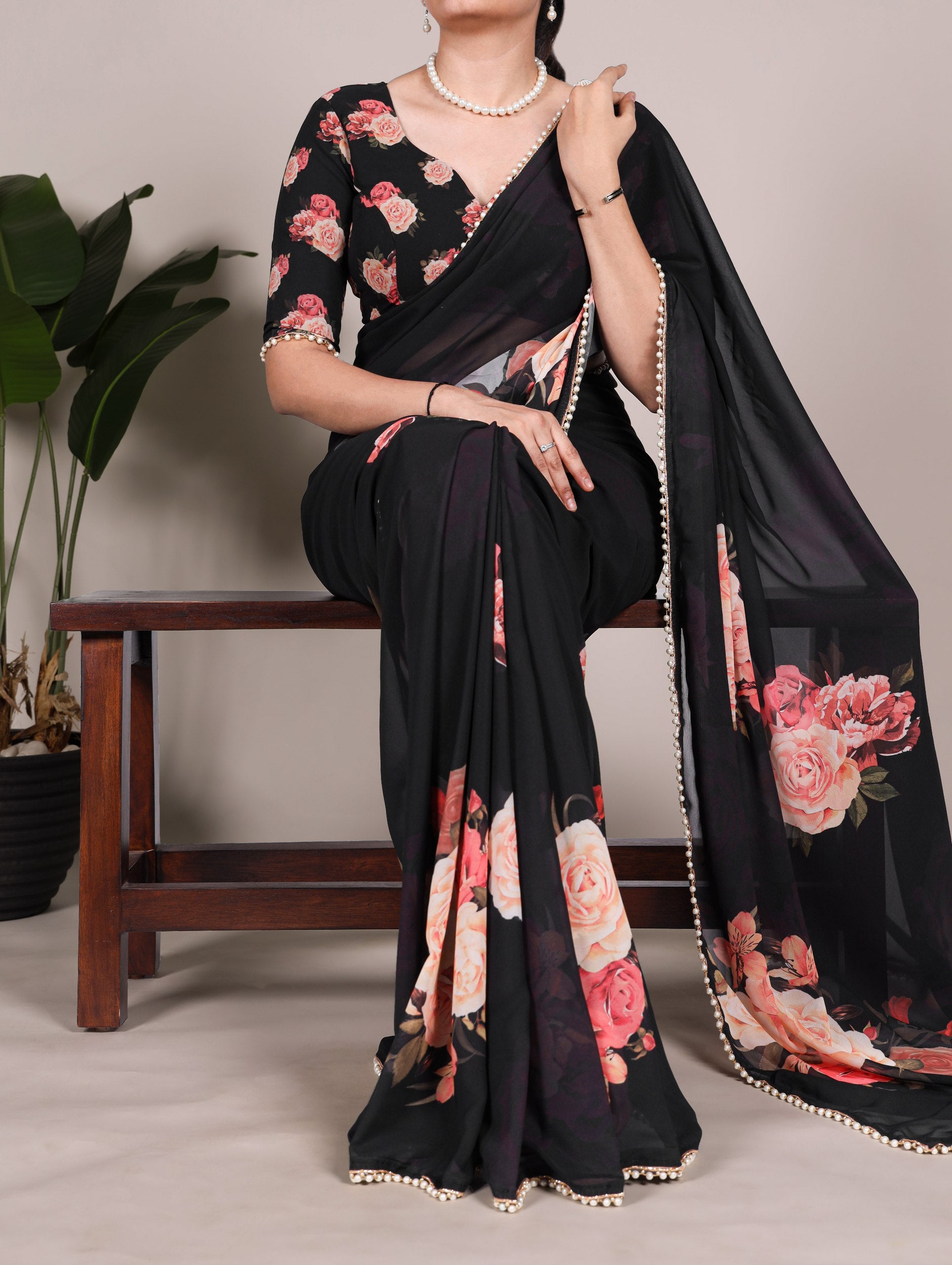 Multicolor Rose Print Georgette Saree with Pearl Lace Border