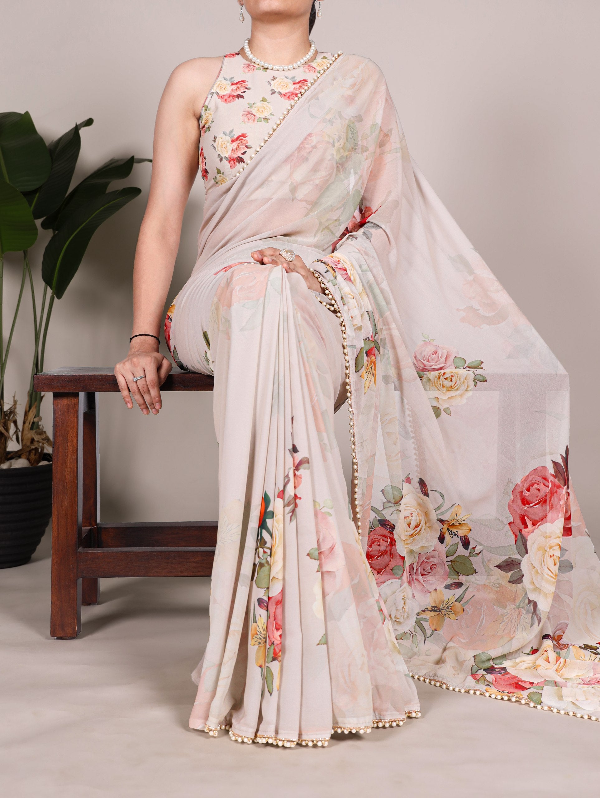 Multicolor Rose Print Georgette Saree with Pearl Lace Border