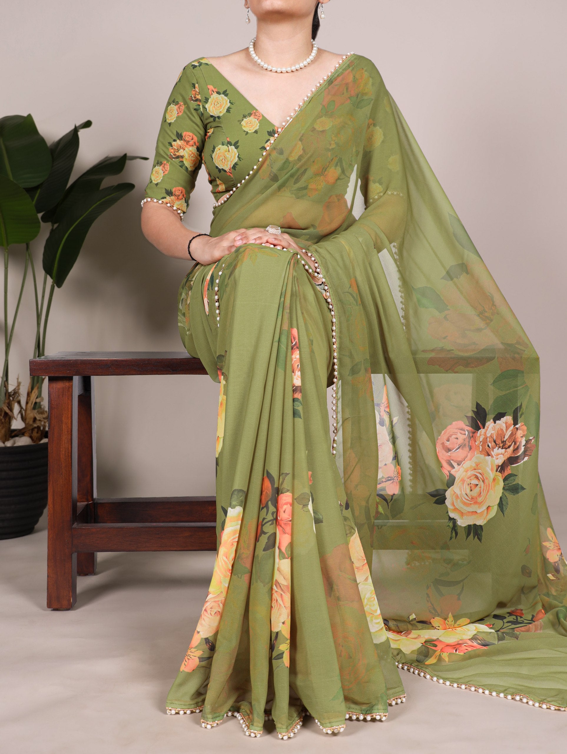 Multicolor Rose Print Georgette Saree with Pearl Lace Border