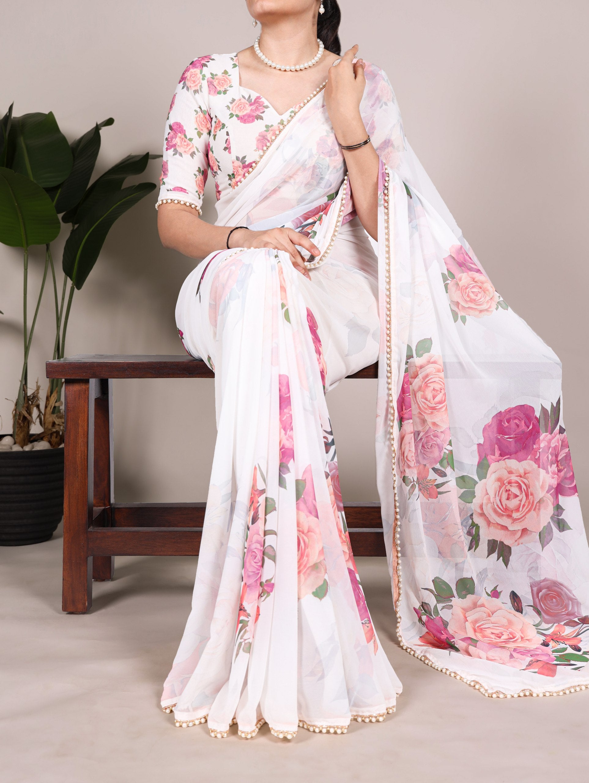 Multicolor Rose Print Georgette Saree with Pearl Lace Border