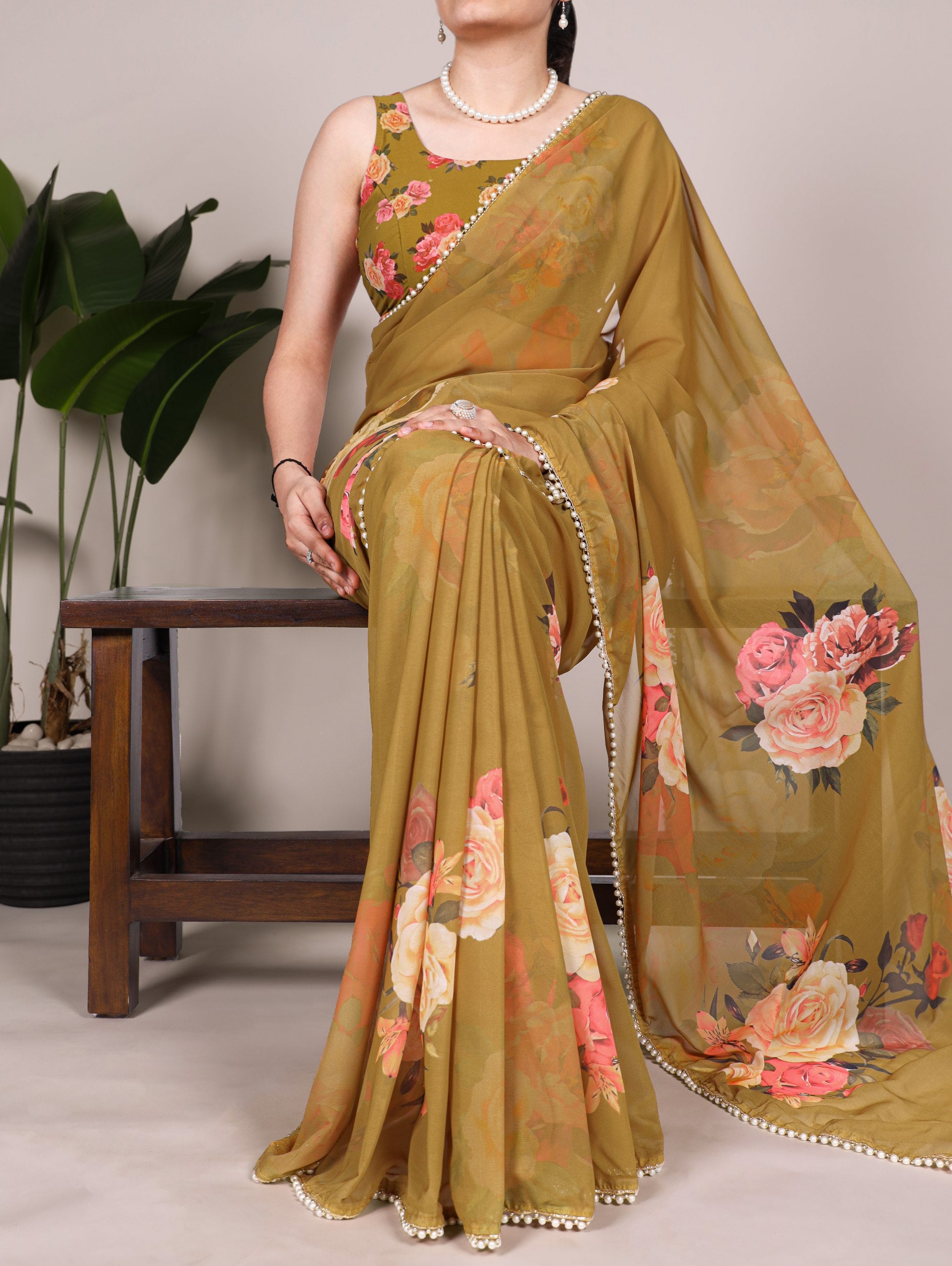 Multicolor Rose Print Georgette Saree with Pearl Lace Border