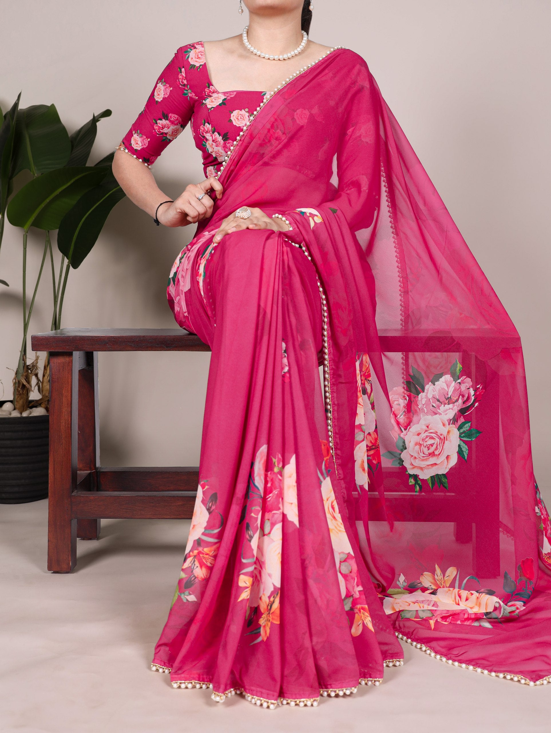 Multicolor Rose Print Georgette Saree with Pearl Lace Border