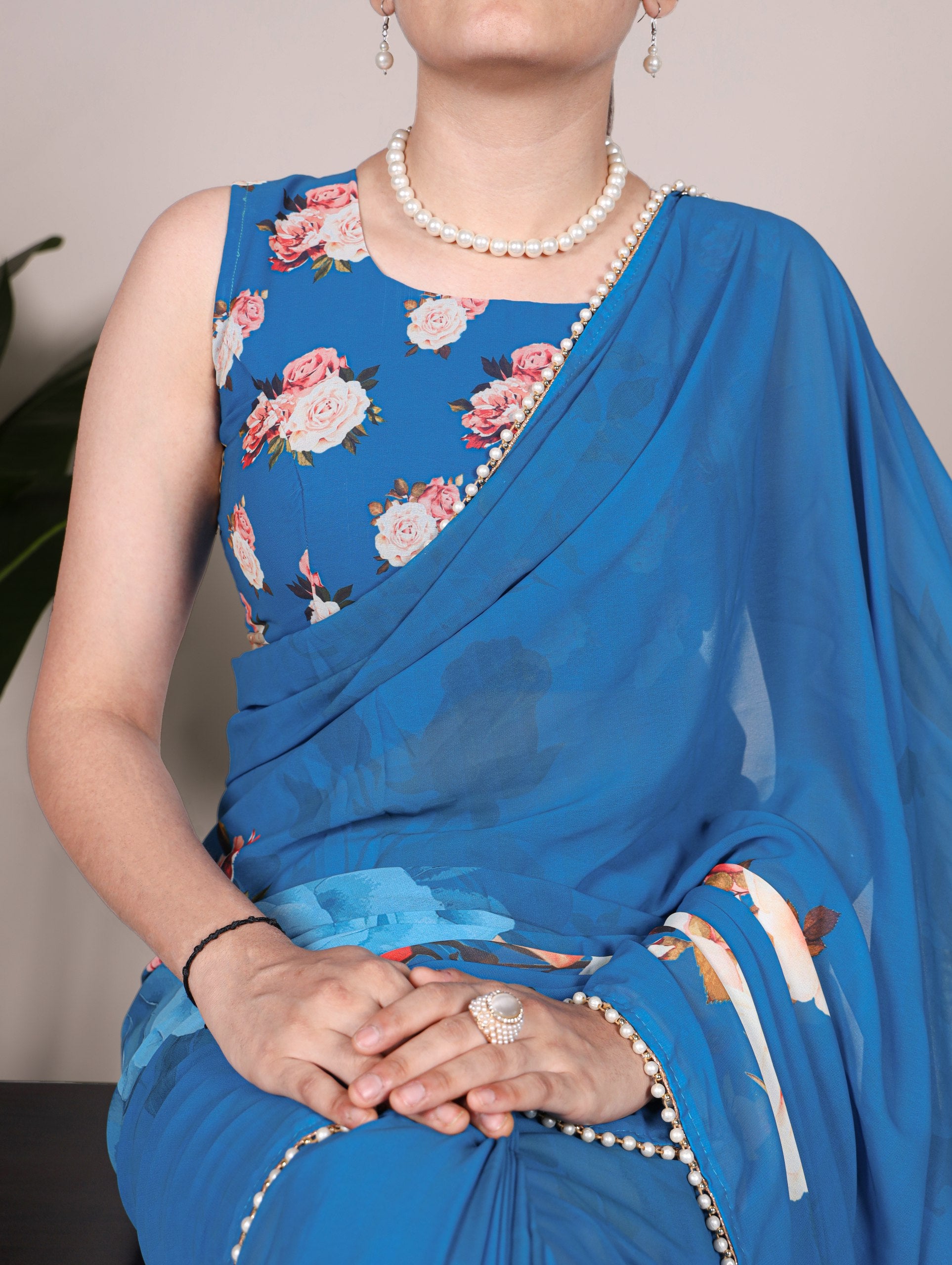 Multicolor Rose Print Georgette Saree with Pearl Lace Border