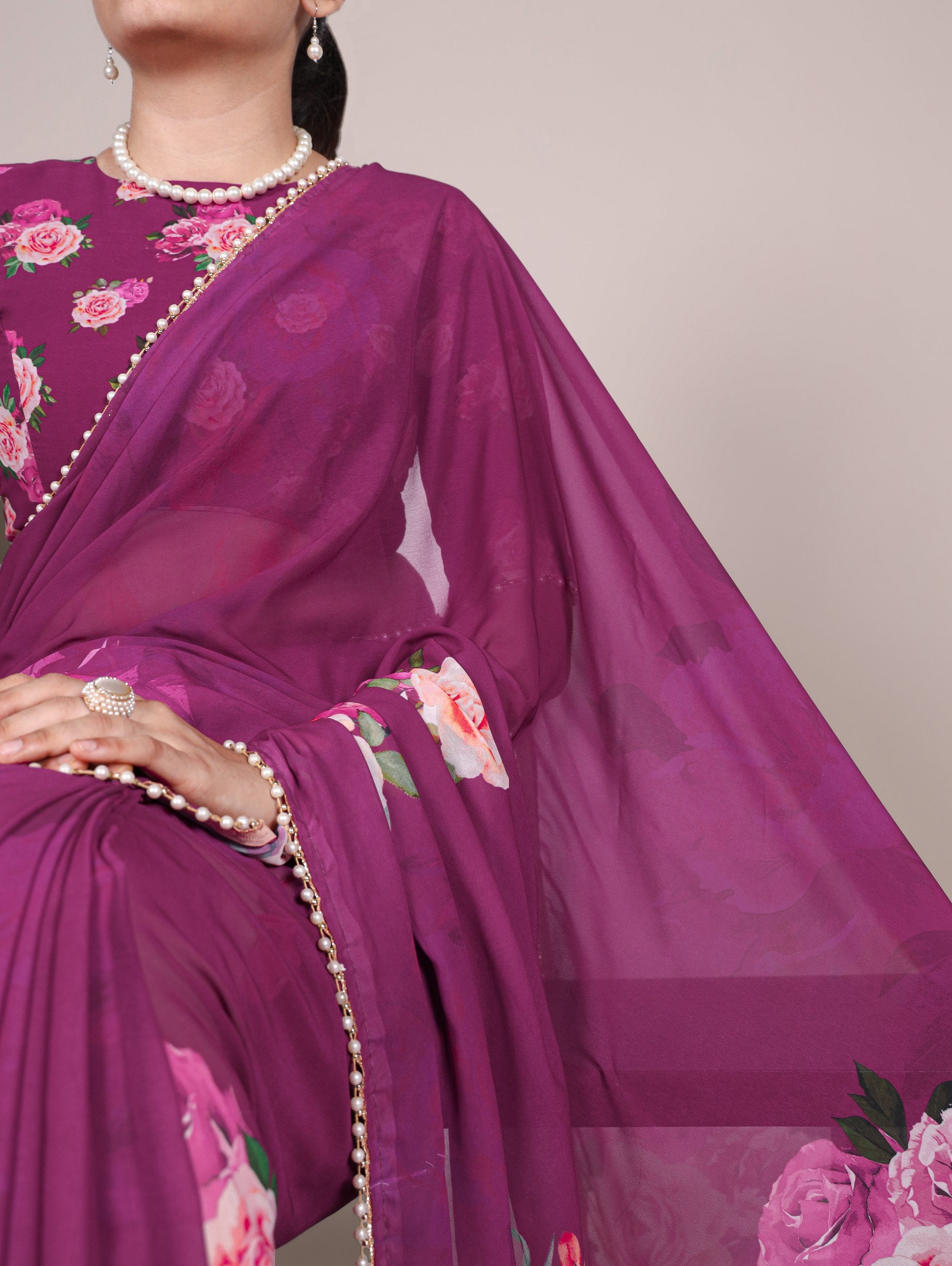 Multicolor Rose Print Georgette Saree with Pearl Lace Border