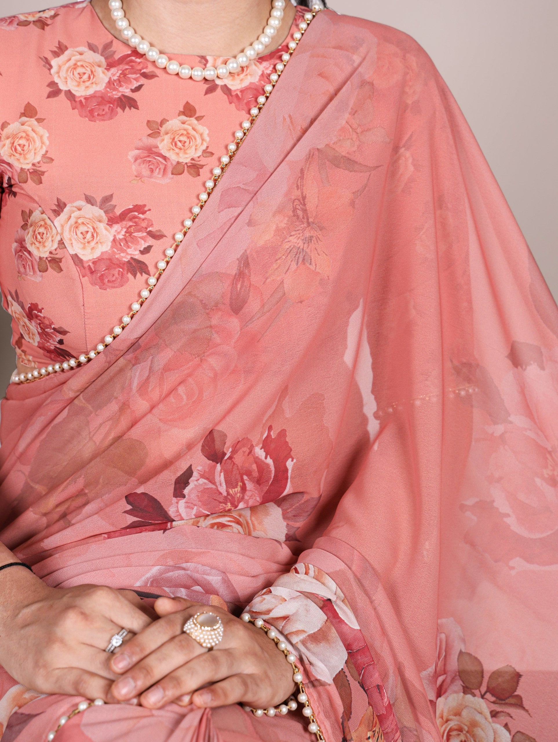 Multicolor Rose Print Georgette Saree with Pearl Lace Border