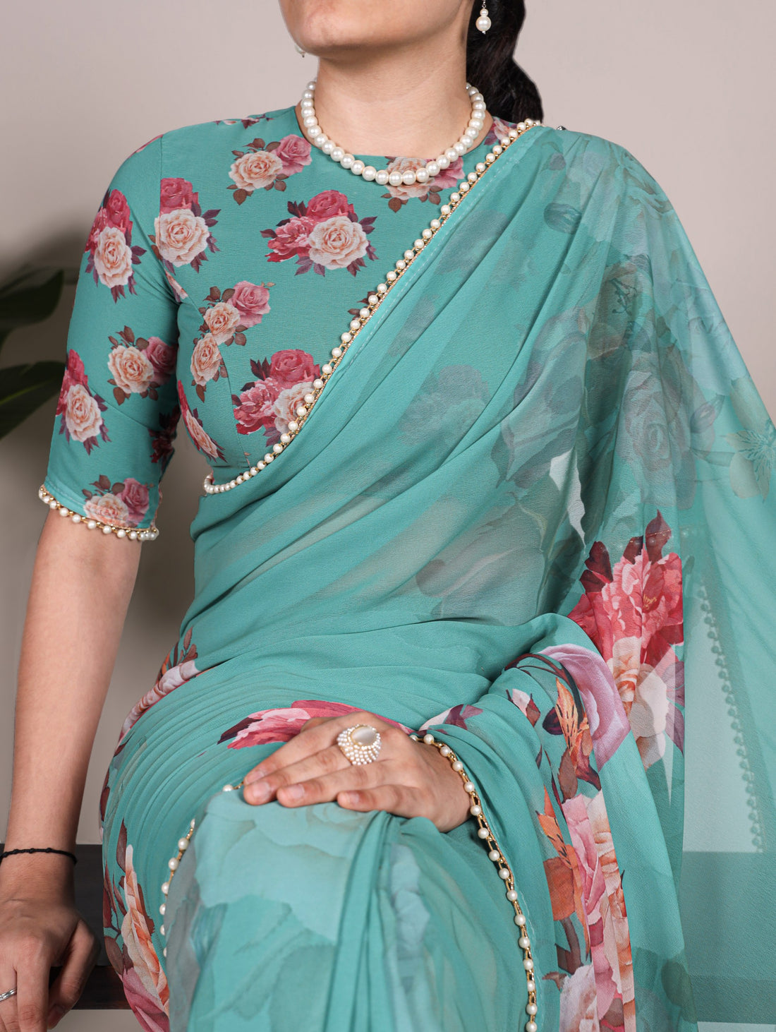 Multicolor Rose Print Georgette Saree with Pearl Lace Border