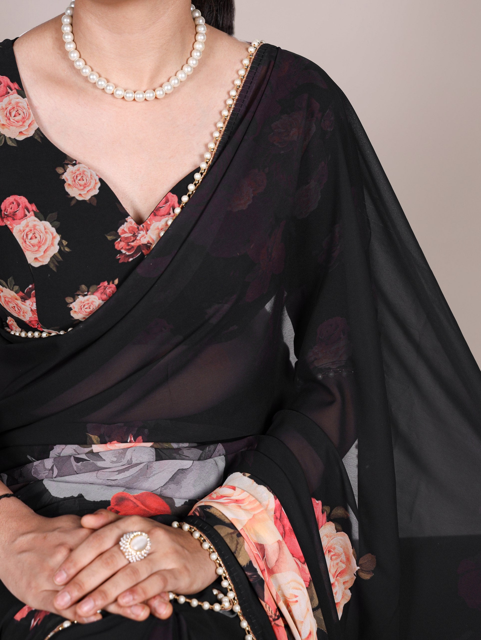 Multicolor Rose Print Georgette Saree with Pearl Lace Border