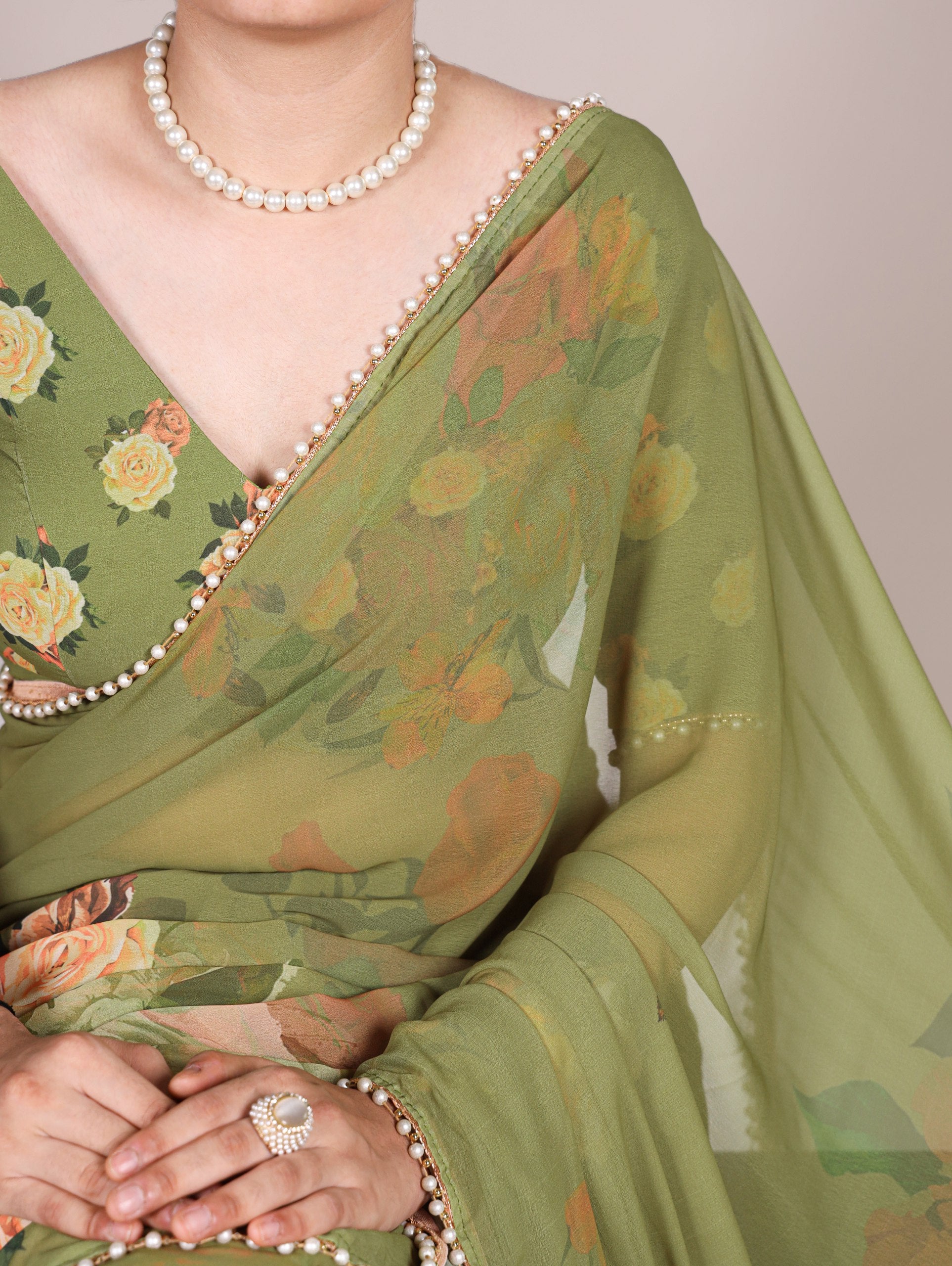 Multicolor Rose Print Georgette Saree with Pearl Lace Border