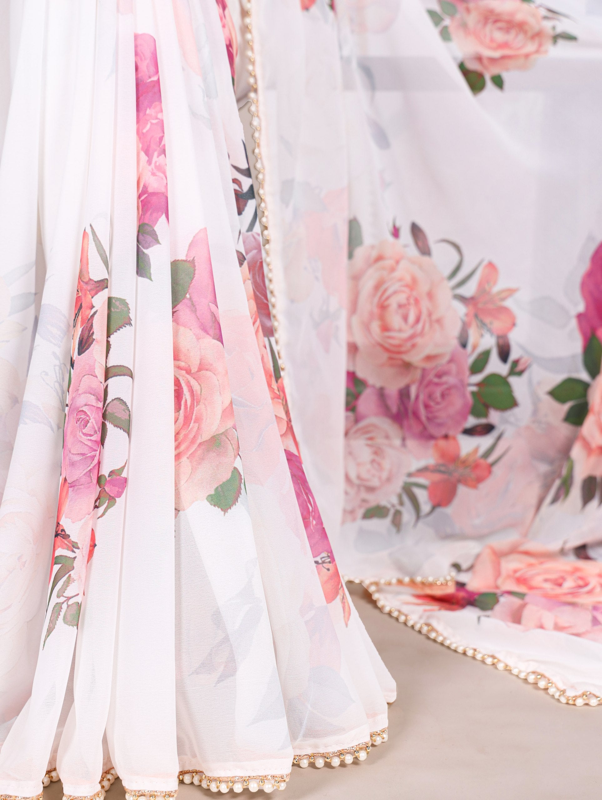 Multicolor Rose Print Georgette Saree with Pearl Lace Border