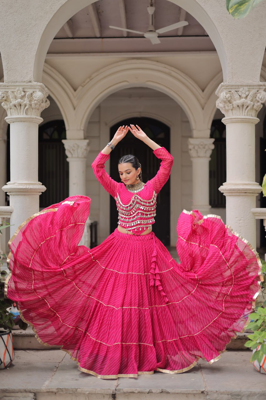 Gorgeous  Bandhani Flared Lehenga Choli with Mirror Work