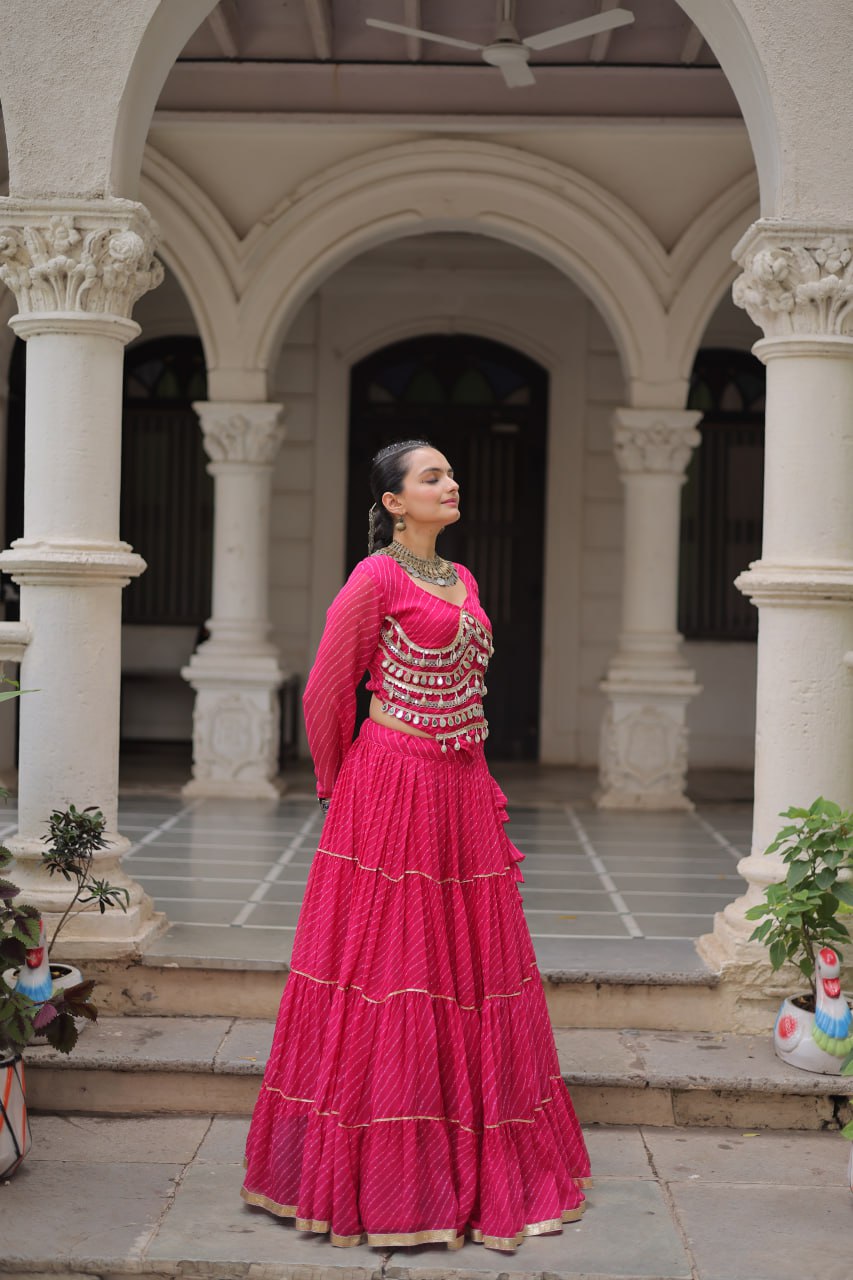 Gorgeous  Bandhani Flared Lehenga Choli with Mirror Work