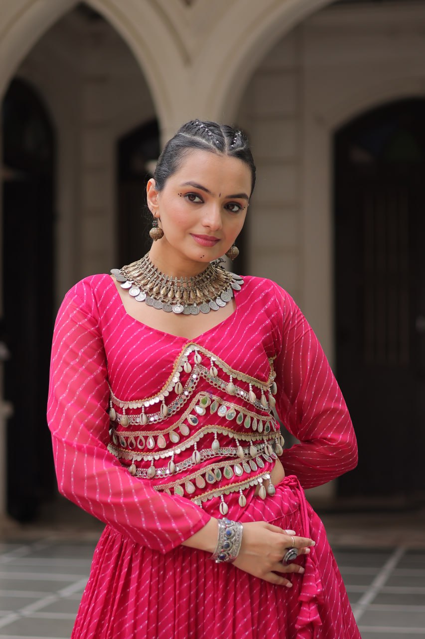 Gorgeous  Bandhani Flared Lehenga Choli with Mirror Work