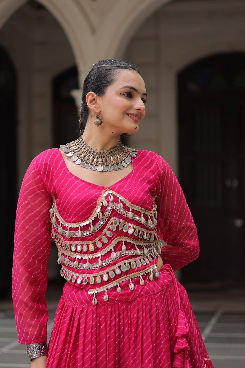 Gorgeous  Bandhani Flared Lehenga Choli with Mirror Work