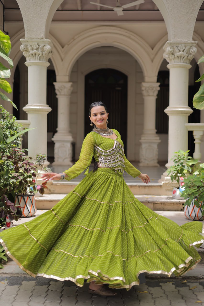 Gorgeous  Bandhani Flared Lehenga Choli with Mirror Work
