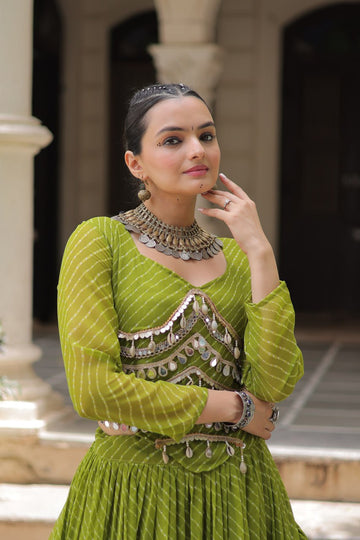 Gorgeous  Bandhani Flared Lehenga Choli with Mirror Work