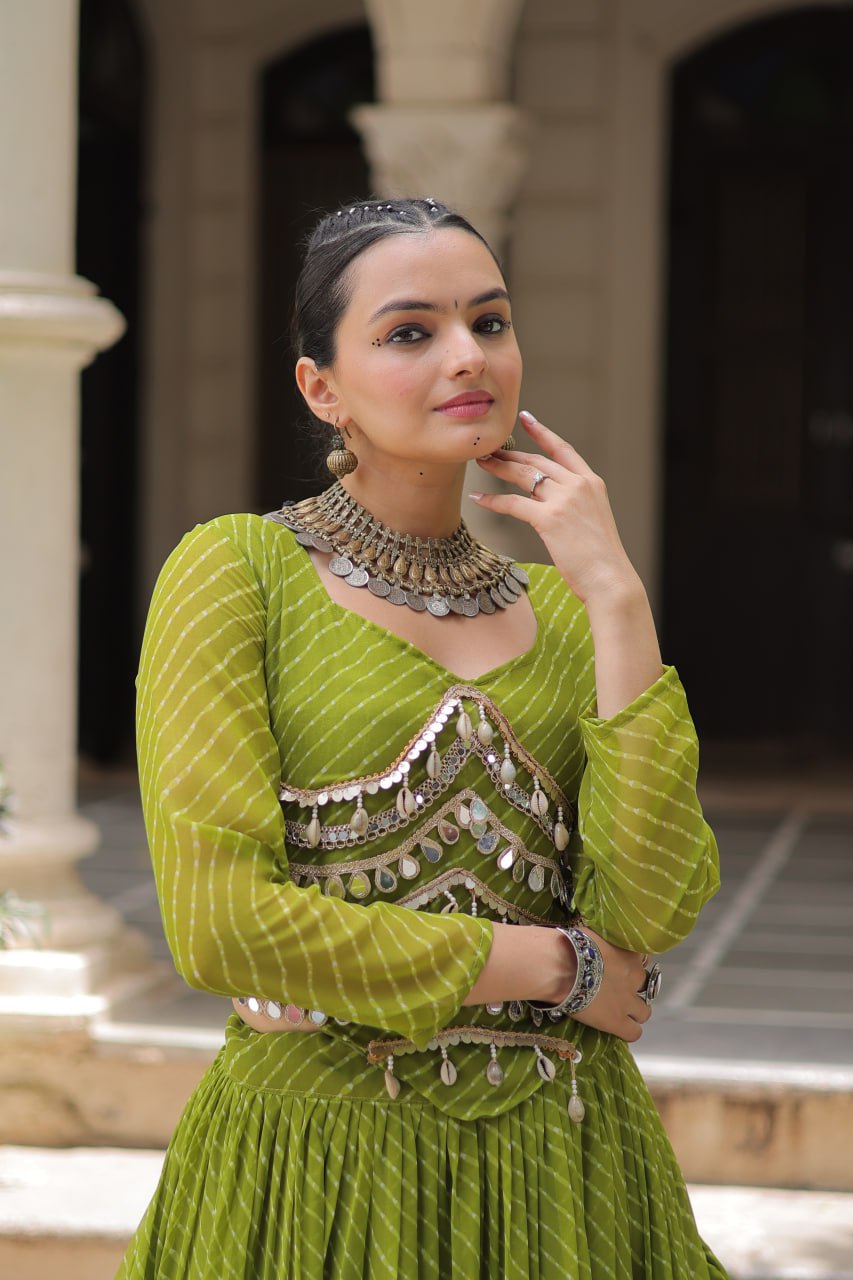 Gorgeous  Bandhani Flared Lehenga Choli with Mirror Work