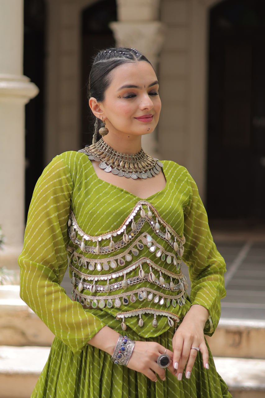 Gorgeous  Bandhani Flared Lehenga Choli with Mirror Work