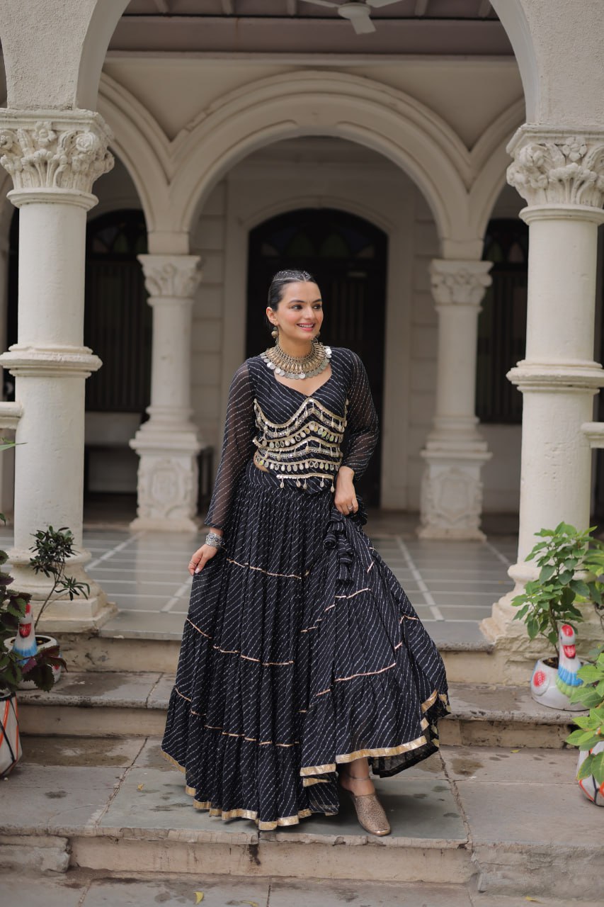 Gorgeous  Bandhani Flared Lehenga Choli with Mirror Work