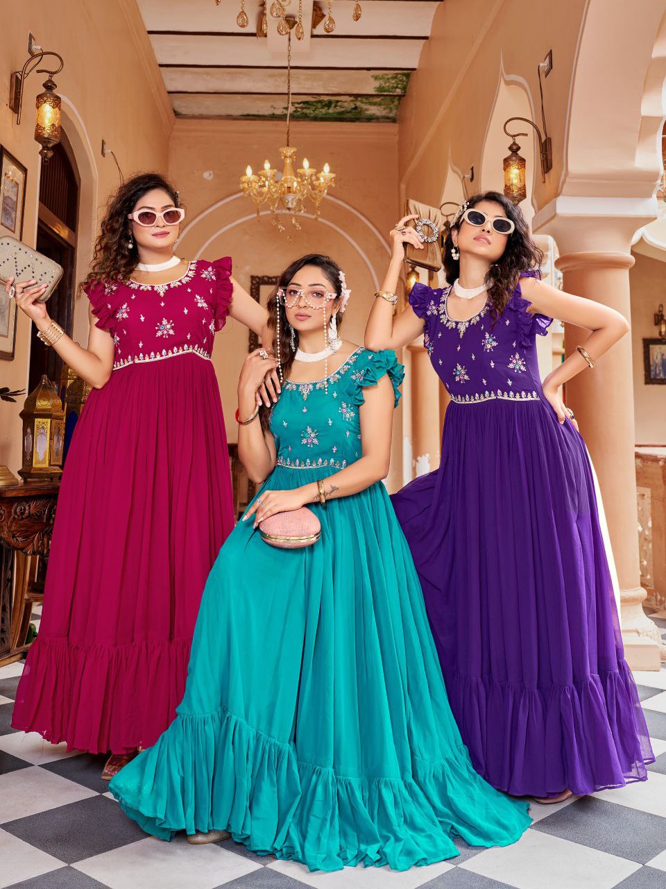 Purple Georgette Embroidered Anarkali Gown with Ruffle Sleeves