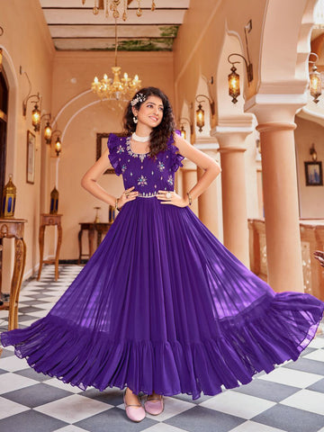 Purple Georgette Embroidered Anarkali Gown with Ruffle Sleeves