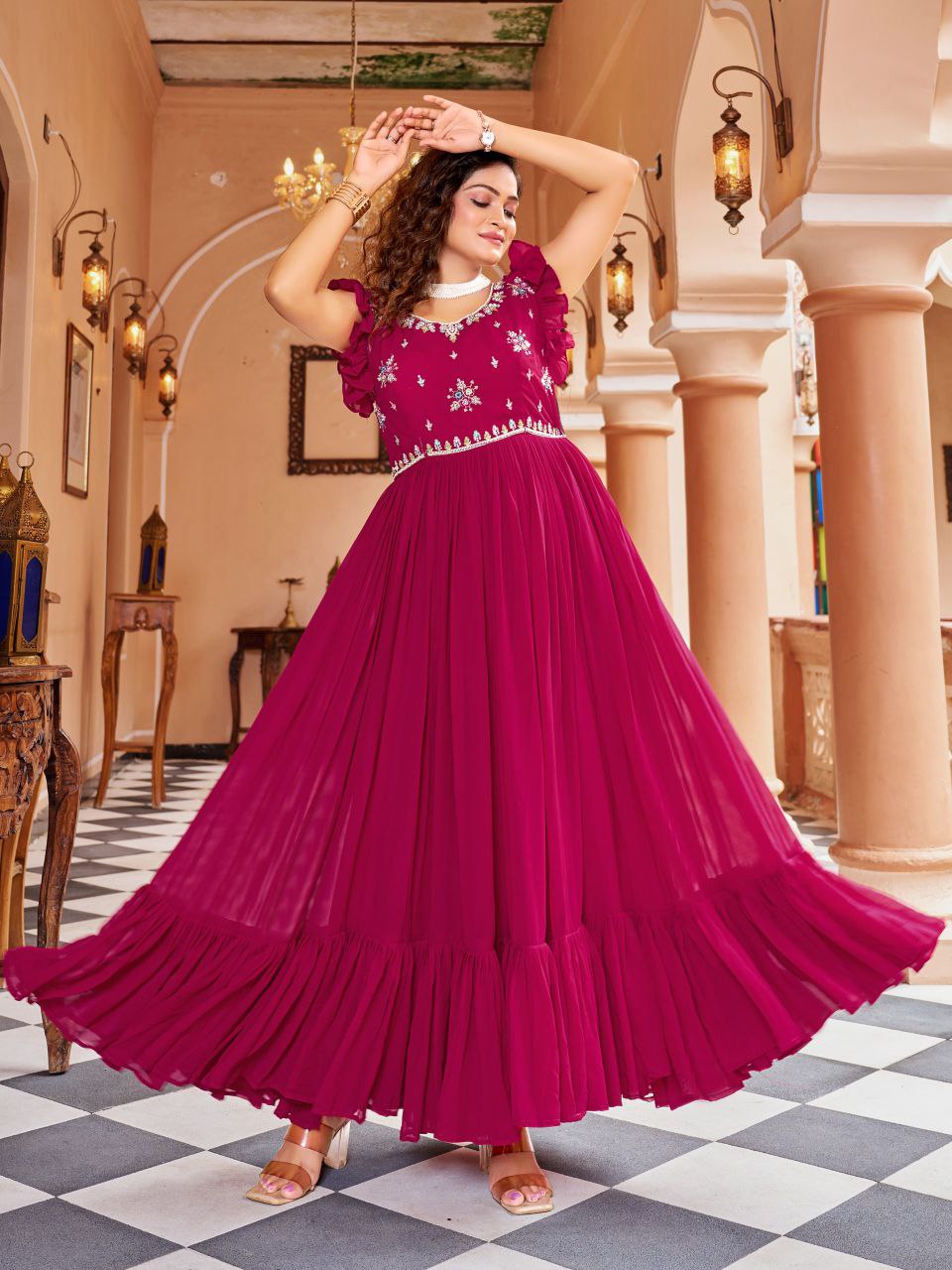 Purple Georgette Embroidered Anarkali Gown with Ruffle Sleeves