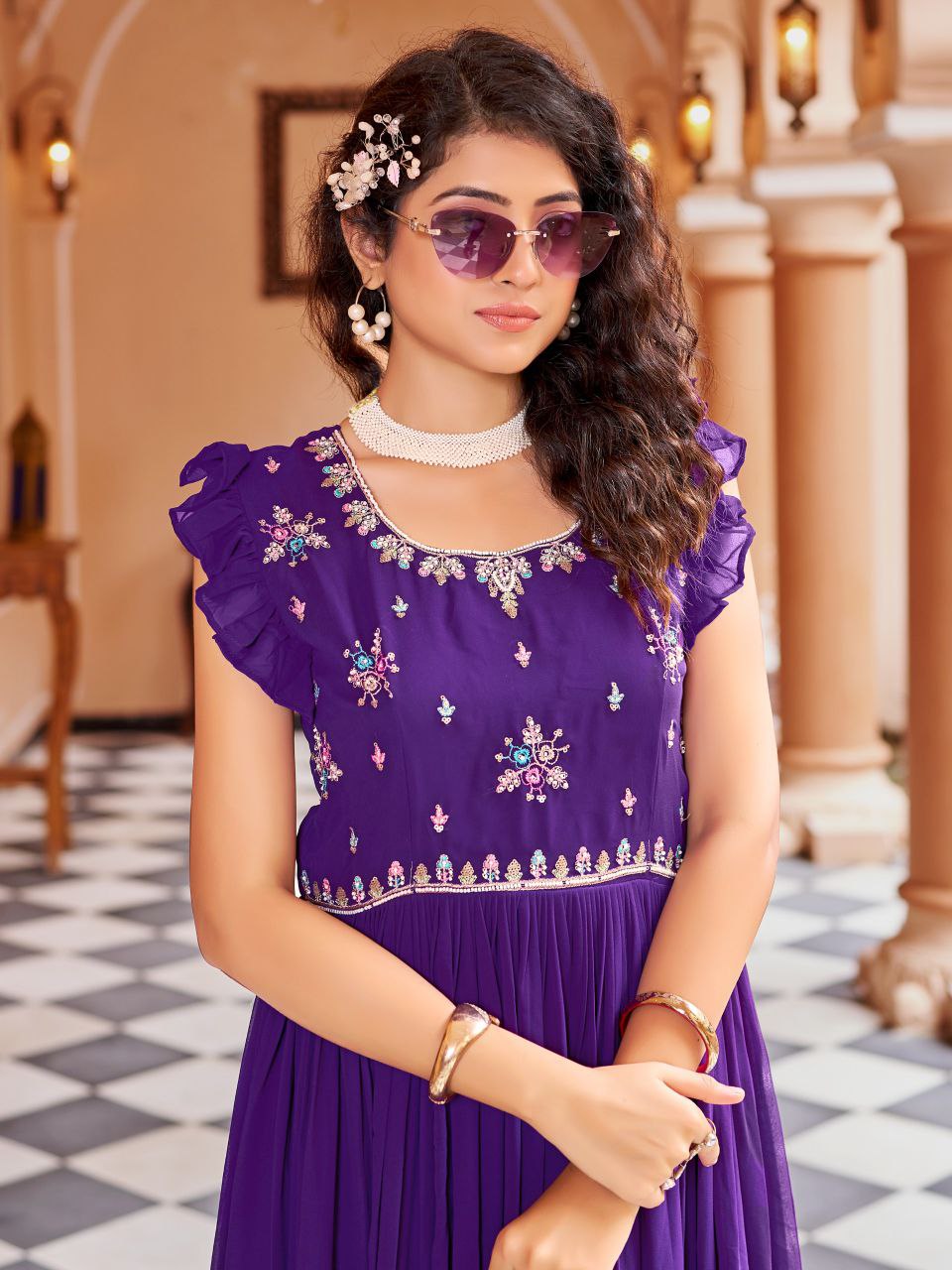 Purple Georgette Embroidered Anarkali Gown with Ruffle Sleeves
