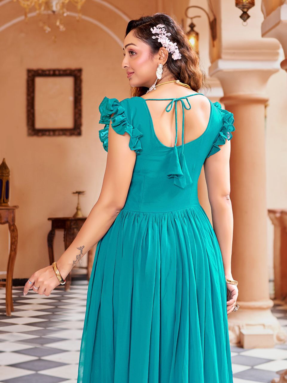 Purple Georgette Embroidered Anarkali Gown with Ruffle Sleeves