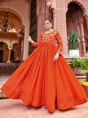 Rust Orange Georgette Embroidered Anarkali Gown with Full Sleeves