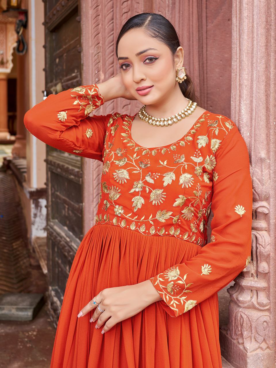 Rust Orange Georgette Embroidered Anarkali Gown with Full Sleeves