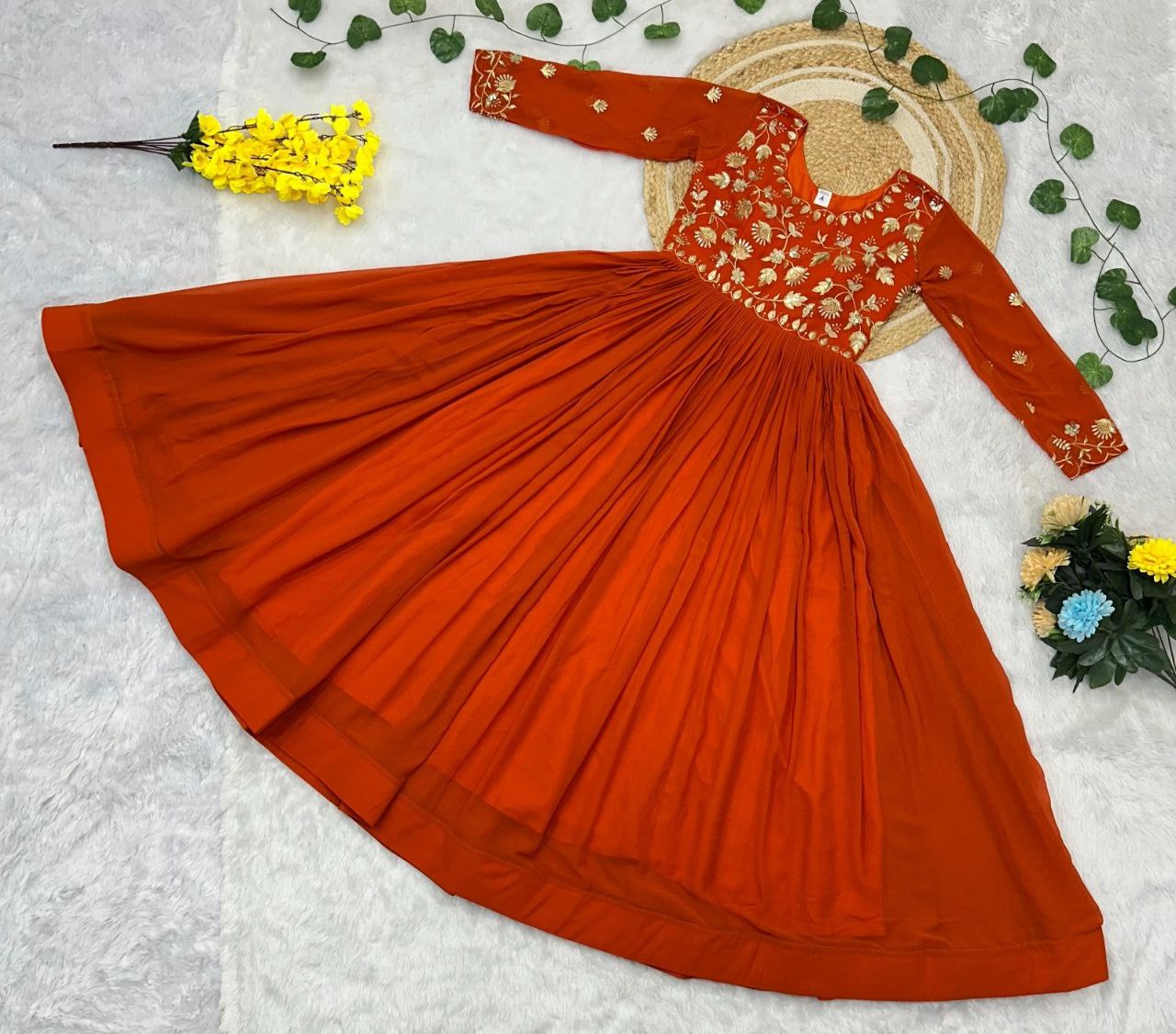 Rust Orange Georgette Embroidered Anarkali Gown with Full Sleeves