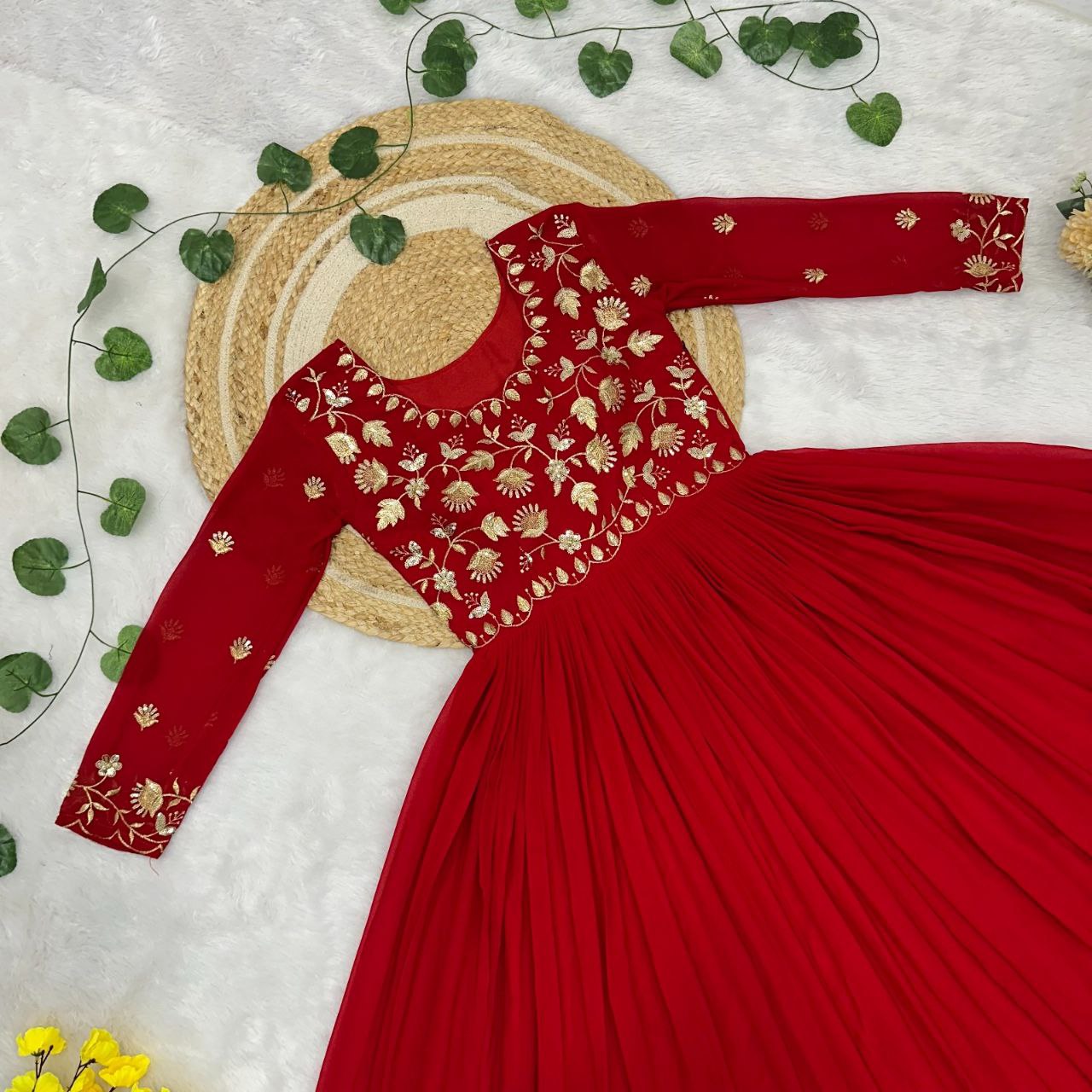 Rust Orange Georgette Embroidered Anarkali Gown with Full Sleeves